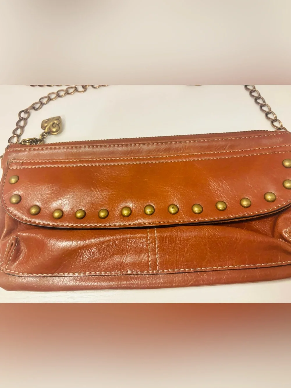 KATHY VAN ZEELAND VINTAGE Y2K Brick Brown Leather Studded Wristlet